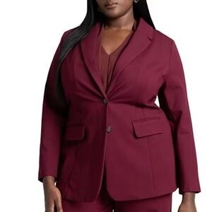 Eloquii The Ultimate Stretch Long Two Button Blazer Maroon Banner 14